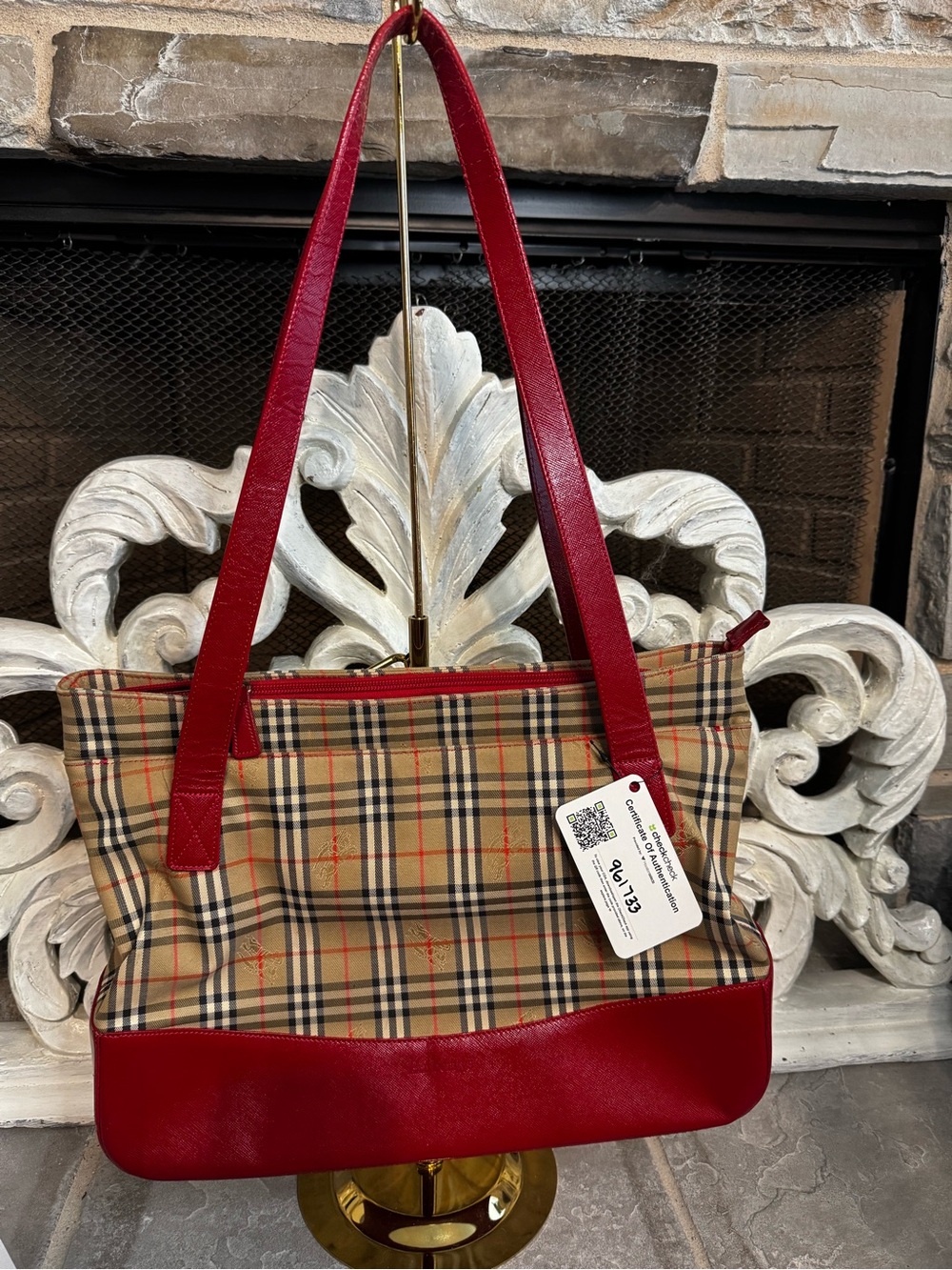 Burberry’s Vintage Novacheck Tote in Cherry with COA